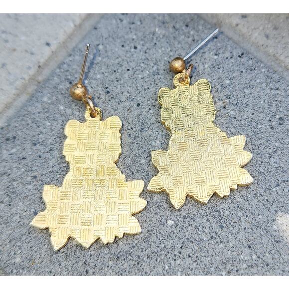 Cloisonne Gold Tone Black Cat Flowers Enamel Pierced Dangle Earrings - Picture 4 of 8